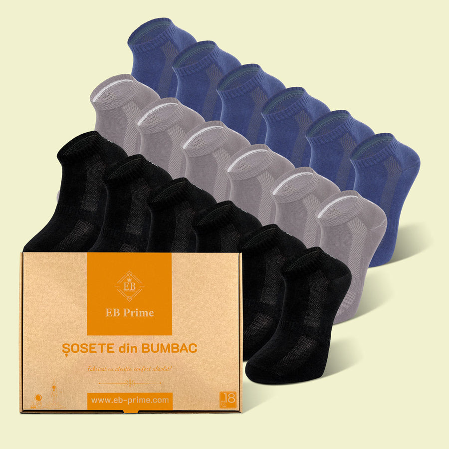 Sosete Scurte | Cutiuta "Rezerva Energica" Nr.11 | 18 perechi | 6x Negru, 6x Gri, 6x Albastru