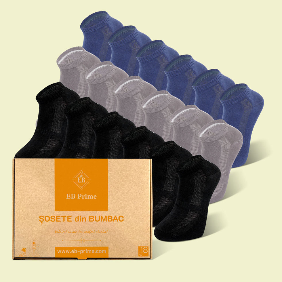 Sosete Scurte | Cutiuta "Rezerva Energica" Nr.11 | 18 perechi | 6x Negru, 6x Gri, 6x Albastru