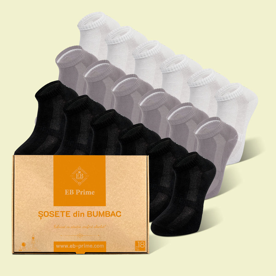 Sosete Scurte | Cutiuta "Rezerva Energica" Nr.12 | 18 perechi | 6x Negru, 6x Gri, 6x Alb