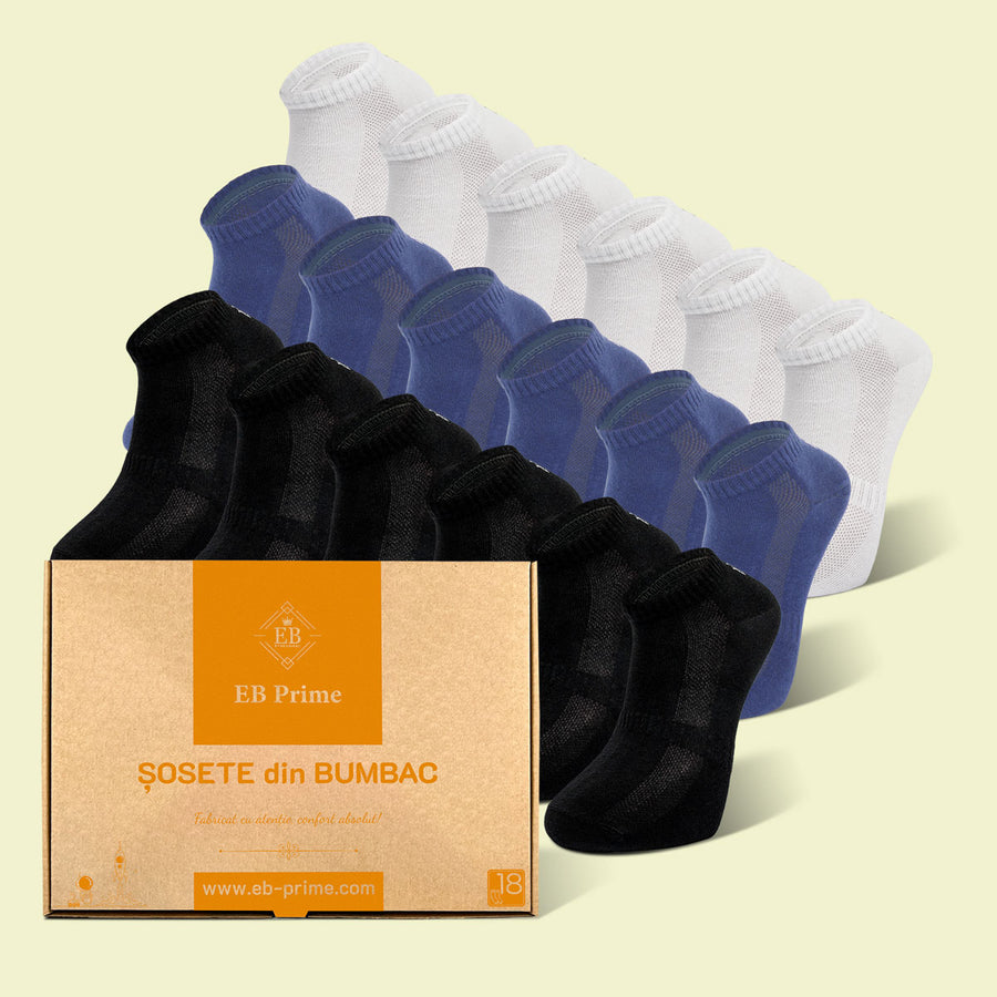 Sosete Scurte | Cutiuta "Rezerva Energica" Nr.13 | 18 perechi | 6x Negru, 6x Albastru, 6x Alb