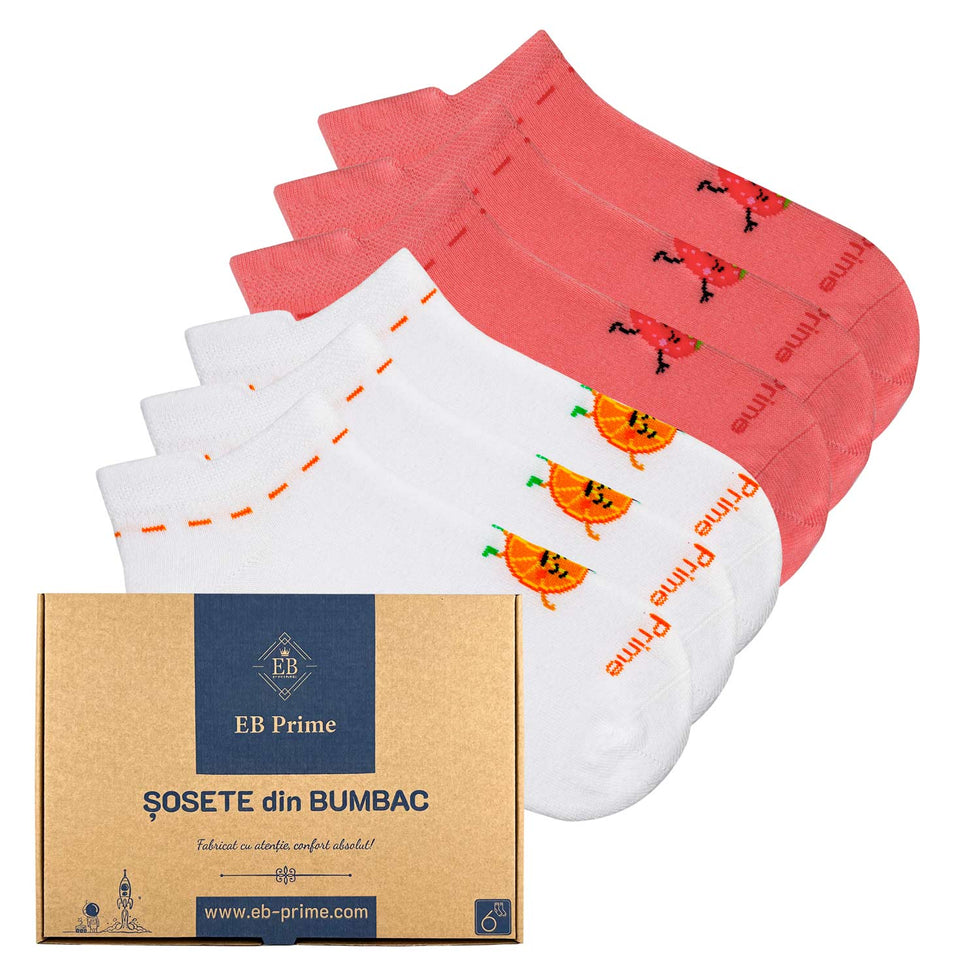 Sosete scurte dama | Cutiuta "Eleganta in Miscare" Nr. 6 | 6 perechi | Alb, Roz
