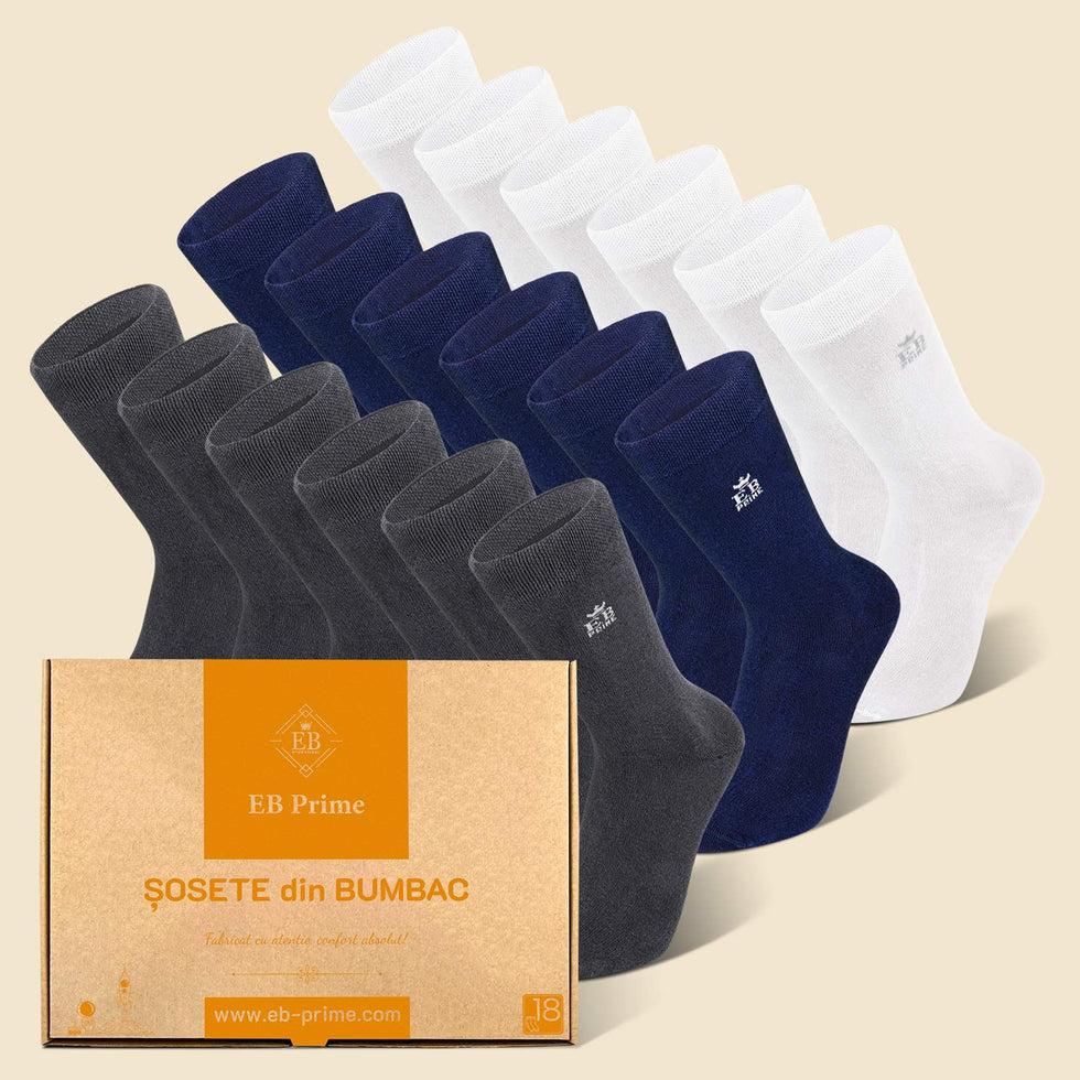 Sosete Clasice | Cutiuta "Rezerva Anuală" Nr.14 | 18 perechi | 6x Gri, 6x Albastru, 6x Alb