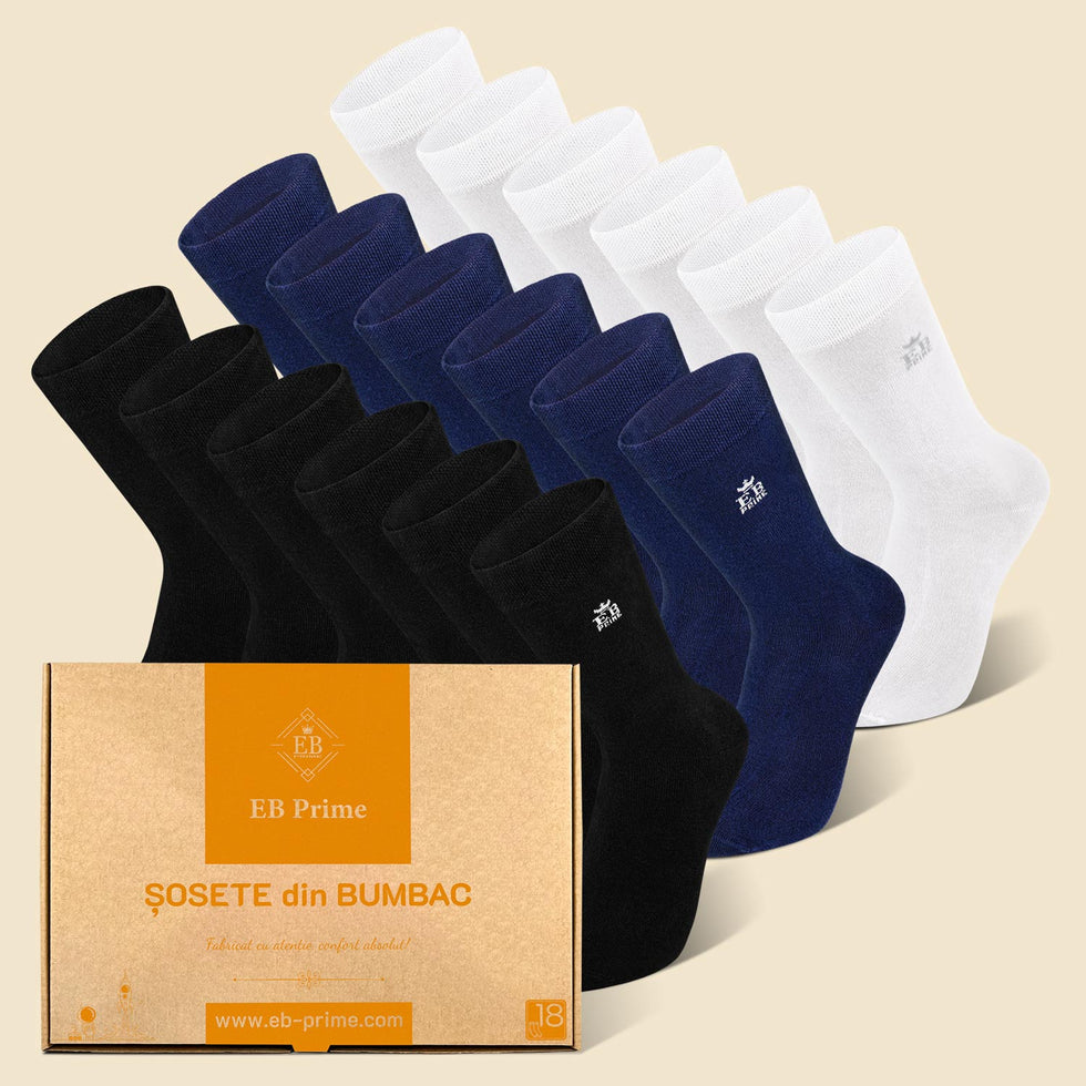 Sosete Clasice | Cutiuta "Rezerva Anuală" Nr.13 | 18 perechi | 6x Negru, 6x Albastru, 6x Alb