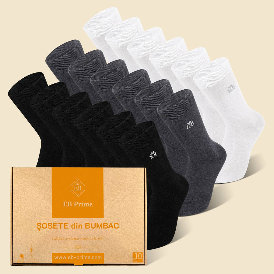 Sosete Clasice | Cutiuta "Rezerva Anuală" Nr.12 | 18 perechi | 6x Negru, 6x Gri, 6x Alb