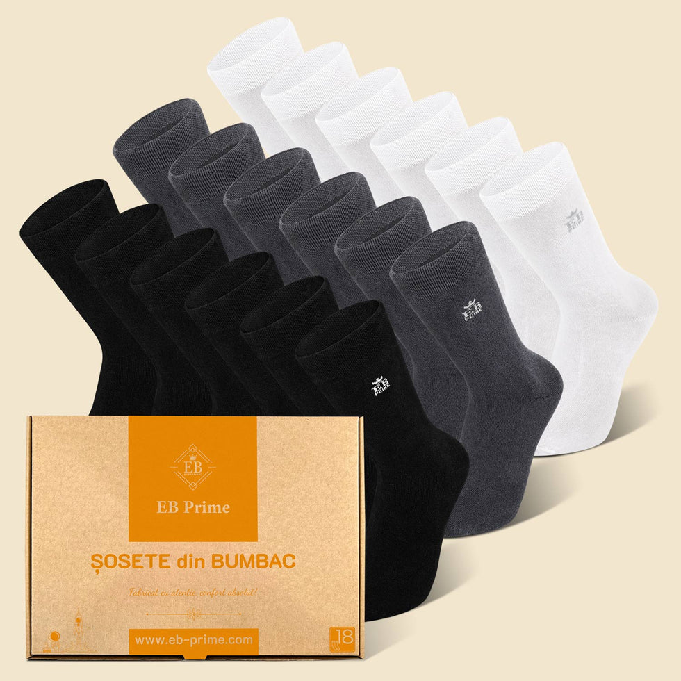 Sosete Clasice | Cutiuta "Rezerva Anuală" Nr.12 | 18 perechi | 6x Negru, 6x Gri, 6x Alb