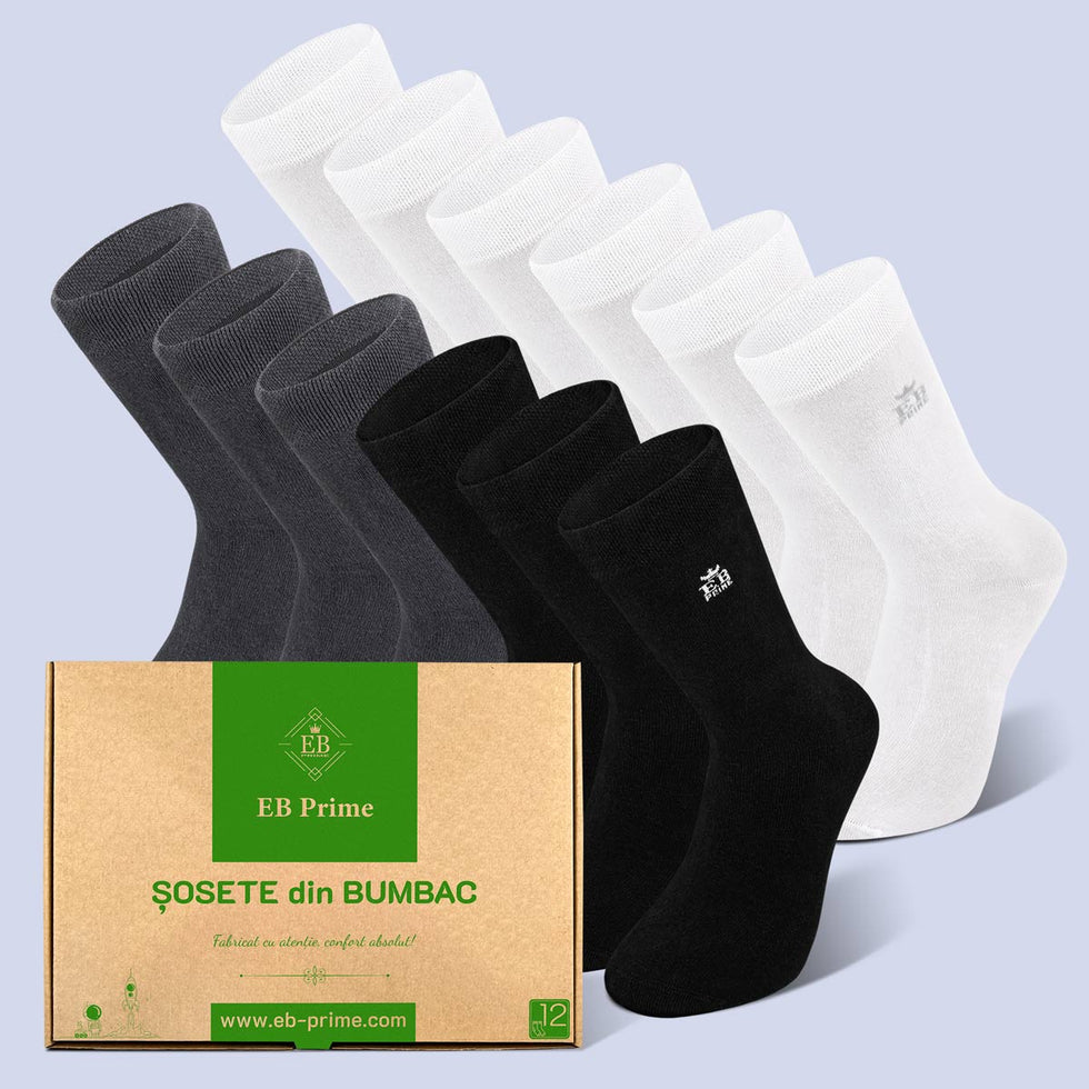 Sosete Clasice | Cutiuta "Rezerva Lunara" Nr.12 | 12 perechi | 3x Negru, 3x Gri, 6x Alb
