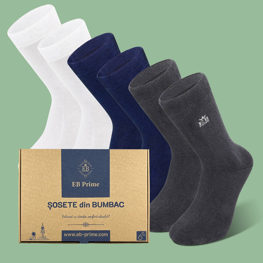 Sosete Clasice | Cutiuta „Stoc Saptamanal” Nr.14 | 6 perechi | 2x Gri, 2x Albastru, 2x Alb