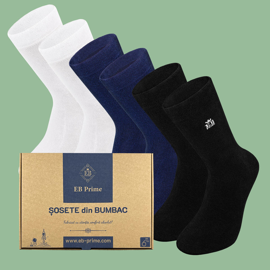 Sosete Clasice | Cutiuta „Stoc Saptamanal” Nr.13 | 6 perechi | 2x Negru, 2x Albastru, 2x Alb
