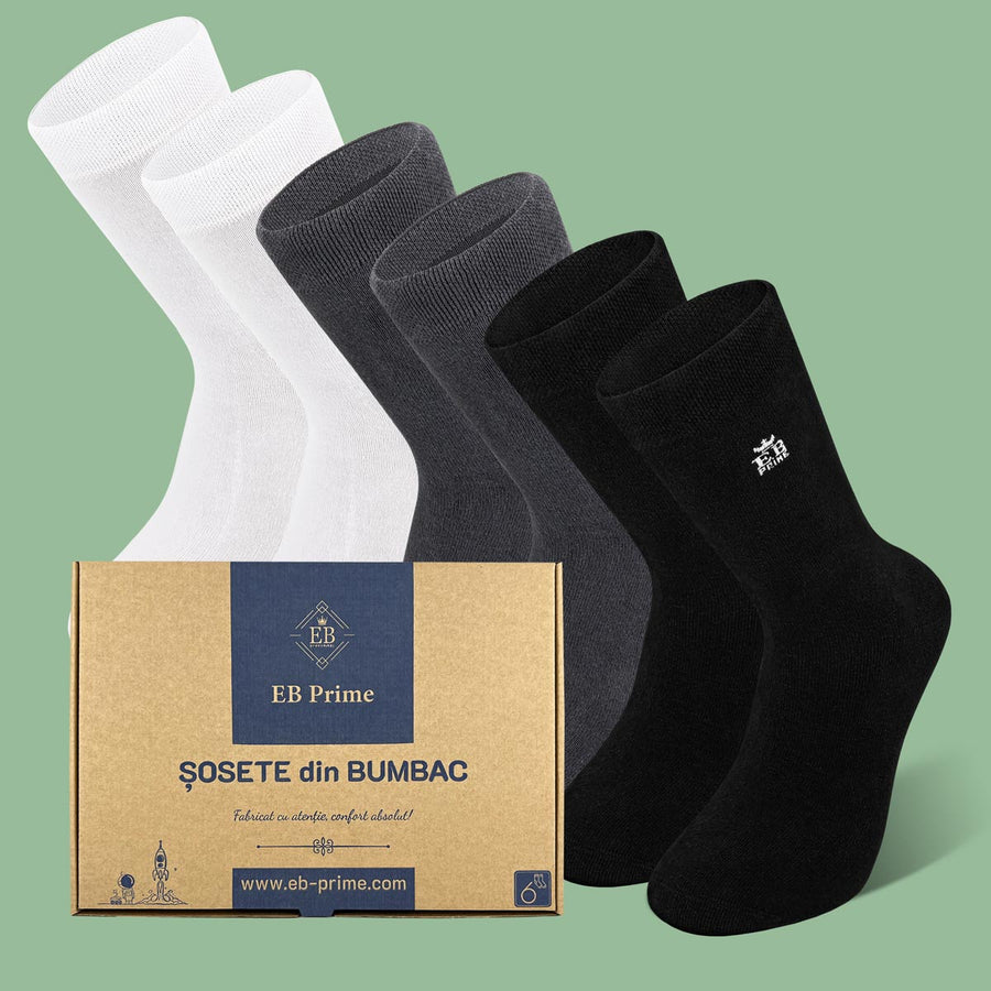 Sosete Clasice | Cutiuta „Stoc Saptamanal” Nr.12 | 6 perechi | 2x Negru, 2x Gri, 2x Alb