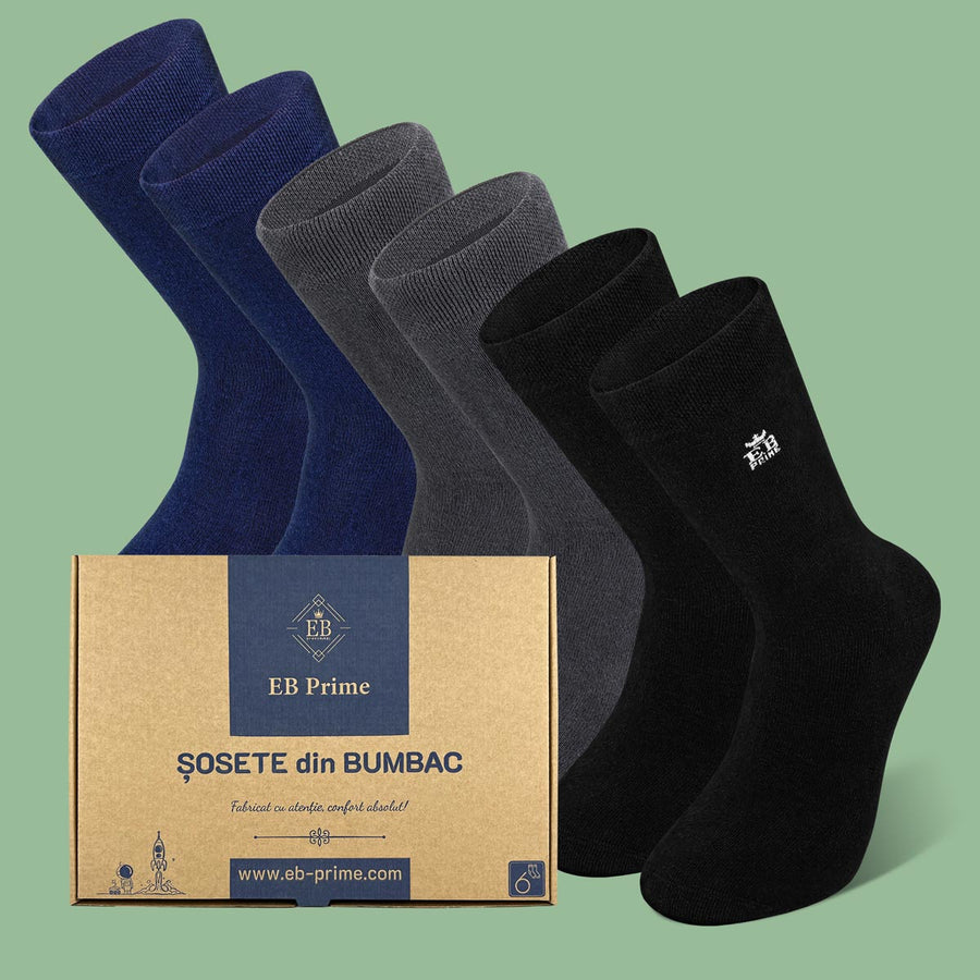 Sosete Clasice | Cutiuta „Stoc Saptamanal” Nr.11 | 6 perechi | 2x Negru, 2x Gri, 2x Albastru