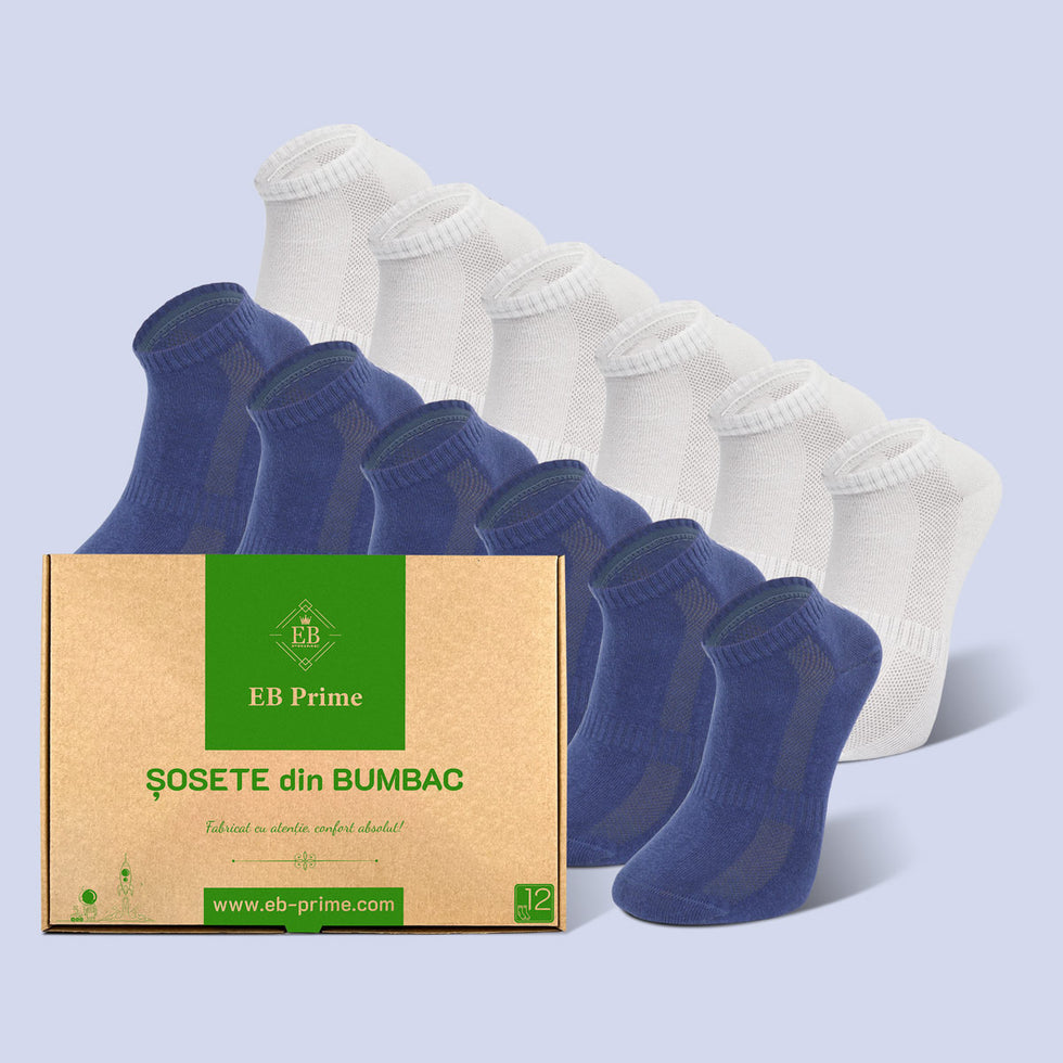 Sosete Scurte | Cutiuta "Confort Suprem" Nr.10 | 12 perechi | 6x Albastru, 6x Alb