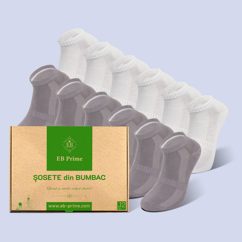 Sosete Scurte | Cutiuta "Confort Suprem" Nr. 9 | 12 perechi | 6x Gri, 6x Alb