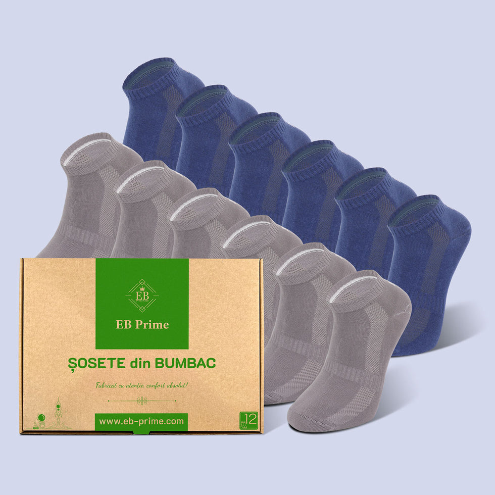 Sosete Scurte | Cutiuta "Confort Suprem" Nr. 8 | 12 perechi | 6x Gri, 6x Albastru