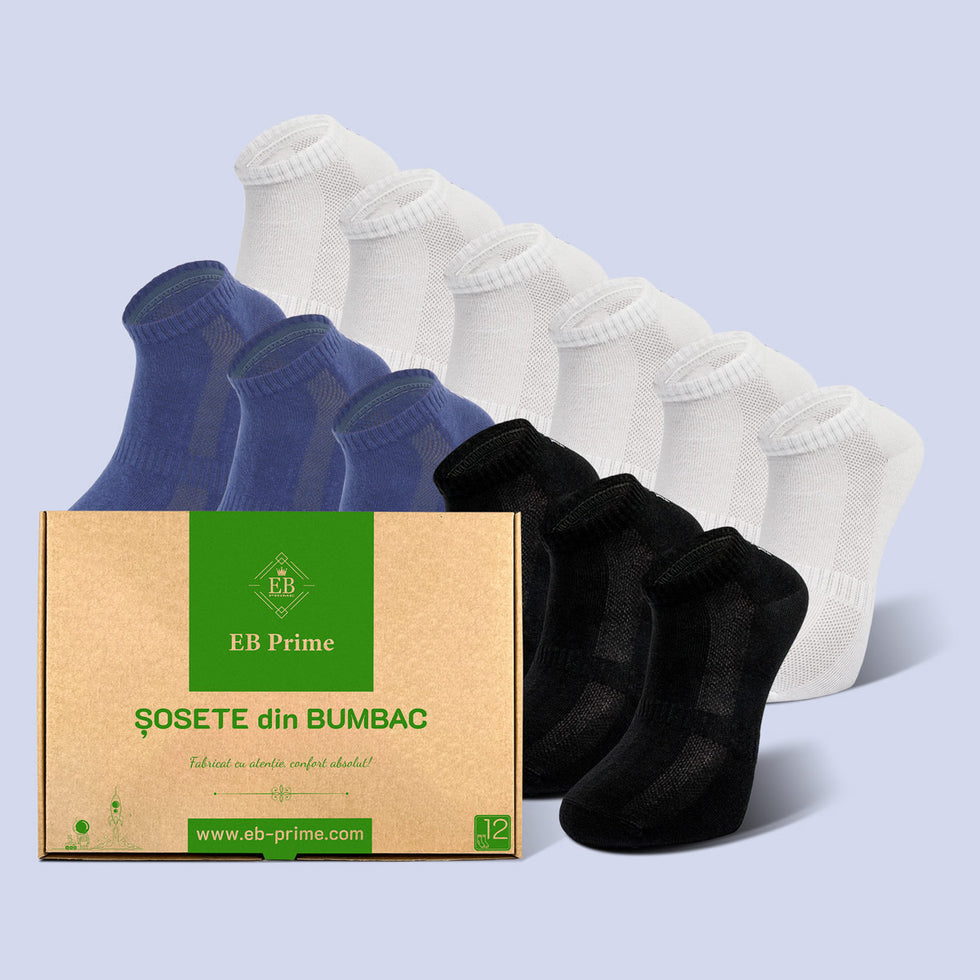 Sosete Scurte | Cutiuta "Confort Suprem" Nr.13 | 12 perechi | 3x Negru, 3x Albastru, 6x Alb