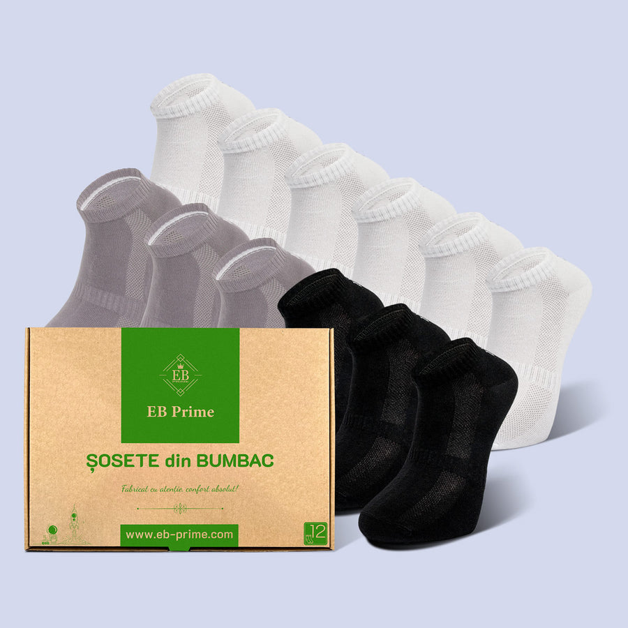 Sosete Scurte | Cutiuta "Confort Suprem" Nr.12 | 12 perechi | 3x Negru, 3x Gri, 6x Alb