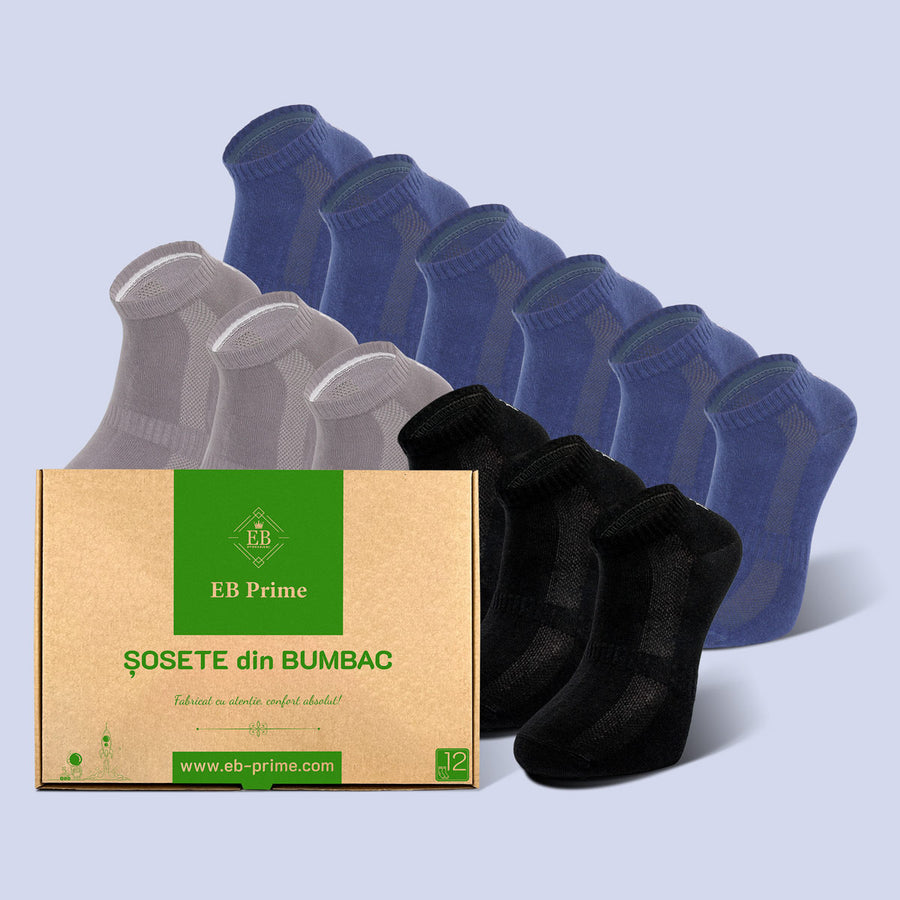 Sosete Scurte | Cutiuta "Confort Suprem" Nr.11 | 12 perechi | 3x Negru, 3x Gri, 6x Albastru