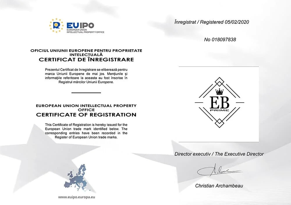 Certificat EUIPO de inregistrare a marcii EB Prime